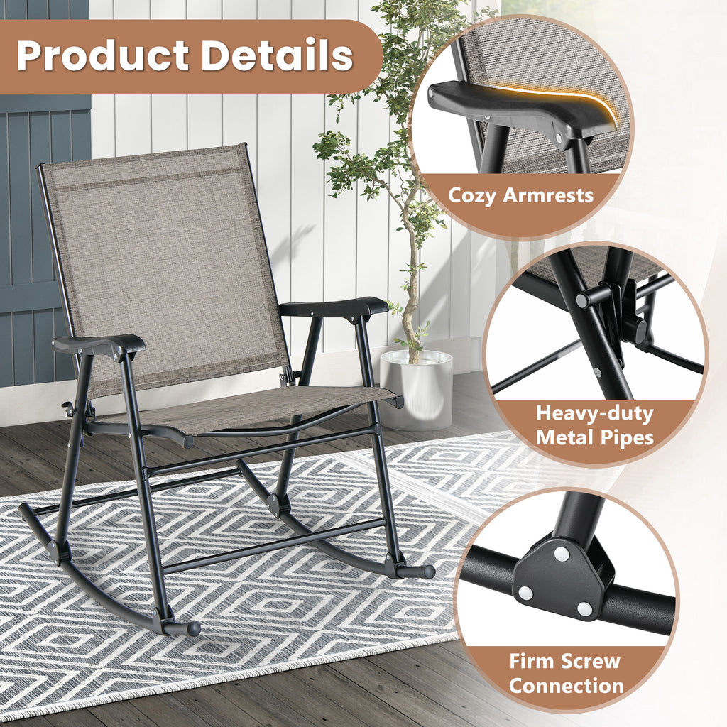 Set of 2 Folding Rocking Chair with Breathable Seat Fabric-Brown