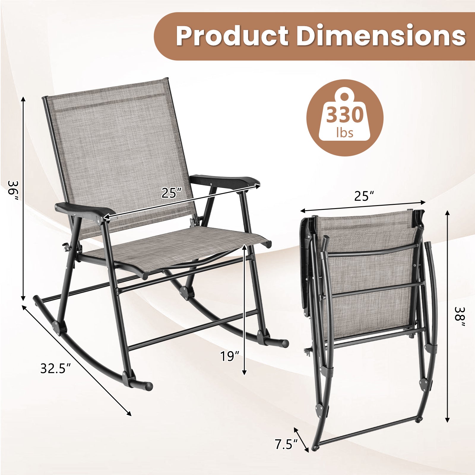 Set of 2 Folding Rocking Chair with Breathable Seat Fabric-Brown