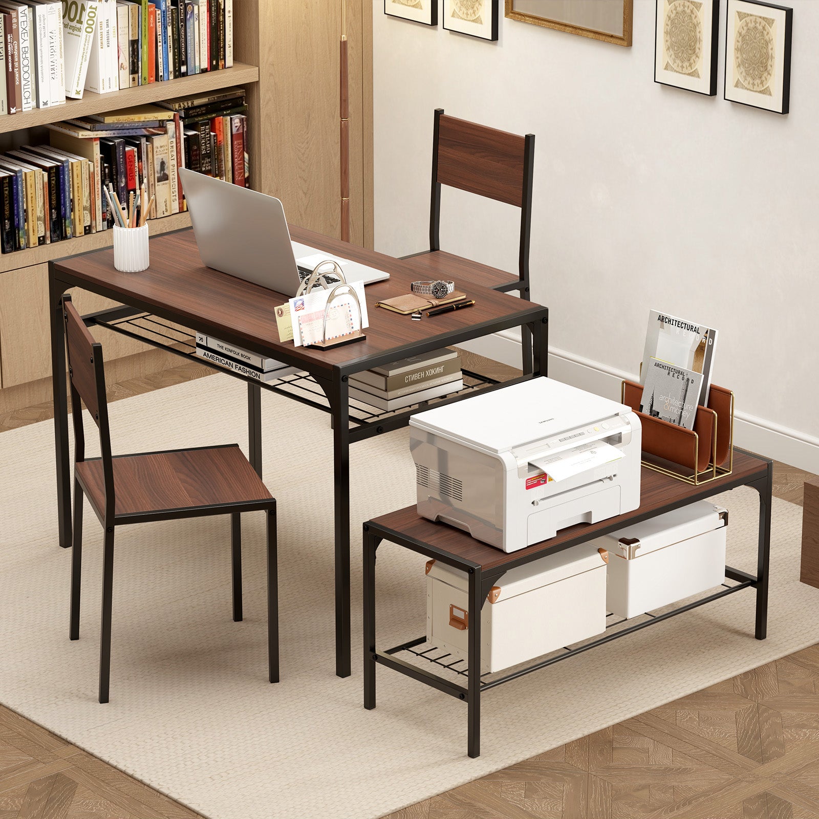 Industrial Style Rectangular Kitchen Table with Bench and Chairs-Walnut