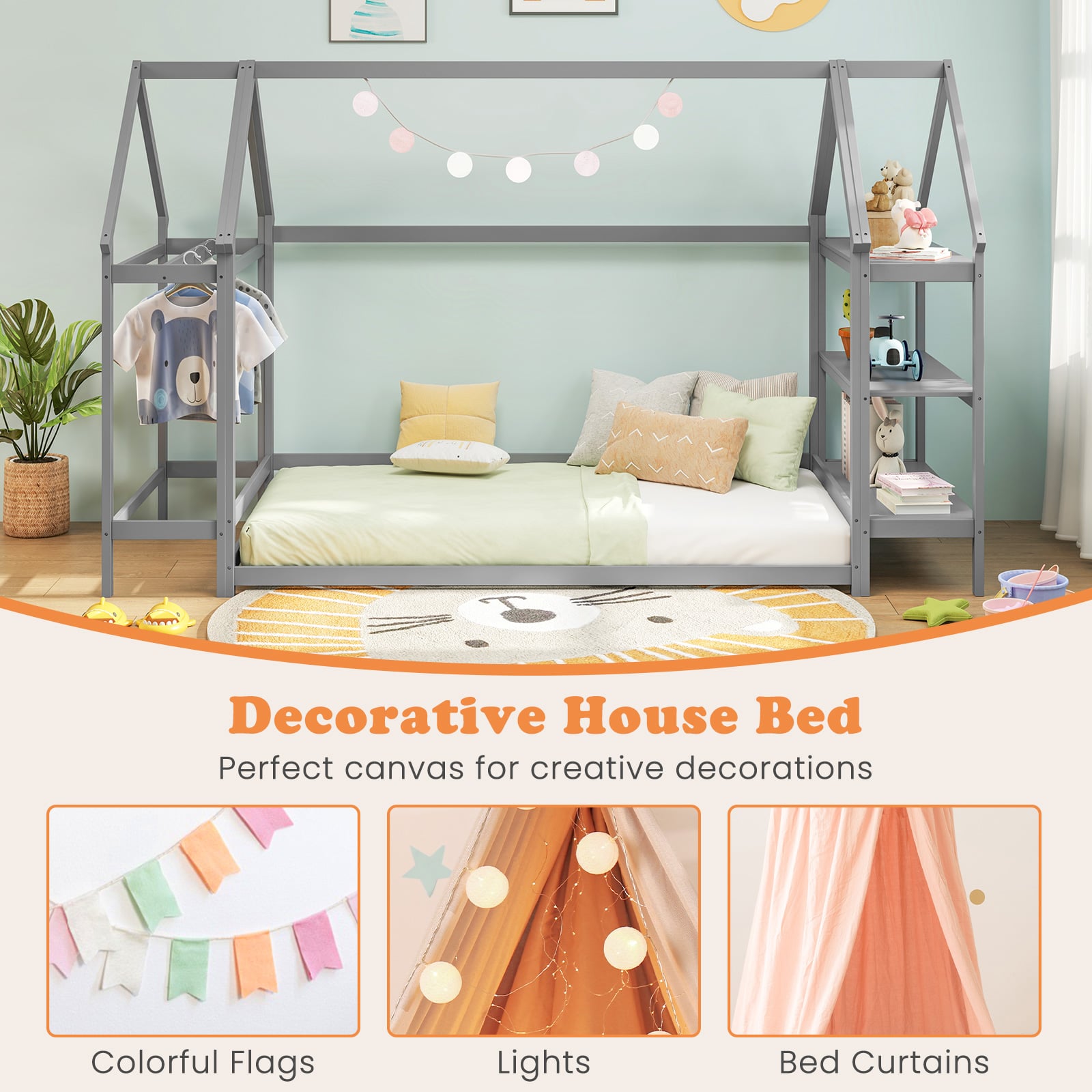 Twin Size Montessori Floor House Bed with Detachable Storage Shelves-Grey