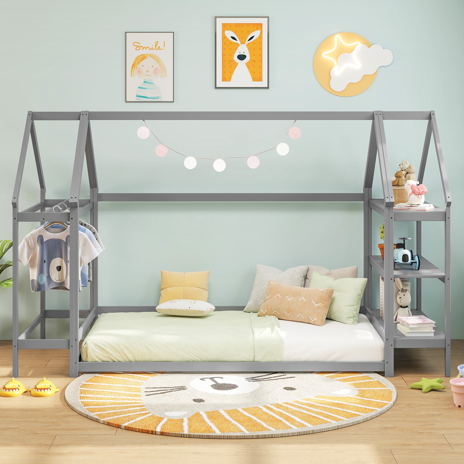 Twin Size Montessori Floor House Bed with Detachable Storage Shelves-Grey