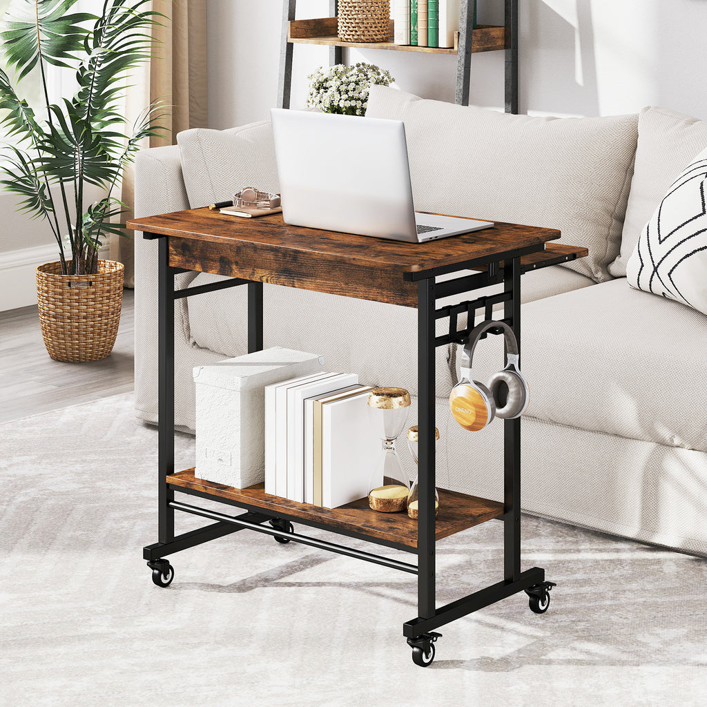 Rolling Laptop Table with Pull-out Keyboard Tray and Hooks-Rustic Brown