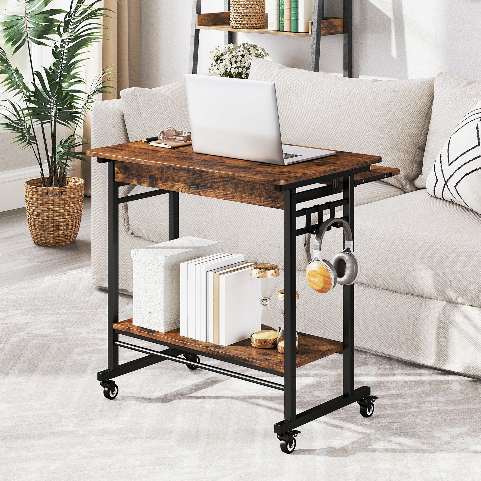Rolling Laptop Table with Pull-out Keyboard Tray and Hooks-Rustic Brown