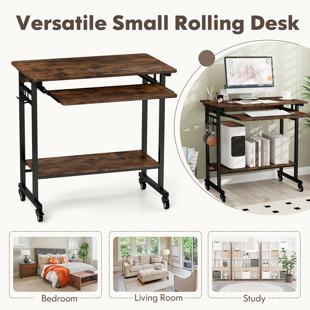 Rolling Laptop Table with Pull-out Keyboard Tray and Hooks-Rustic Brown