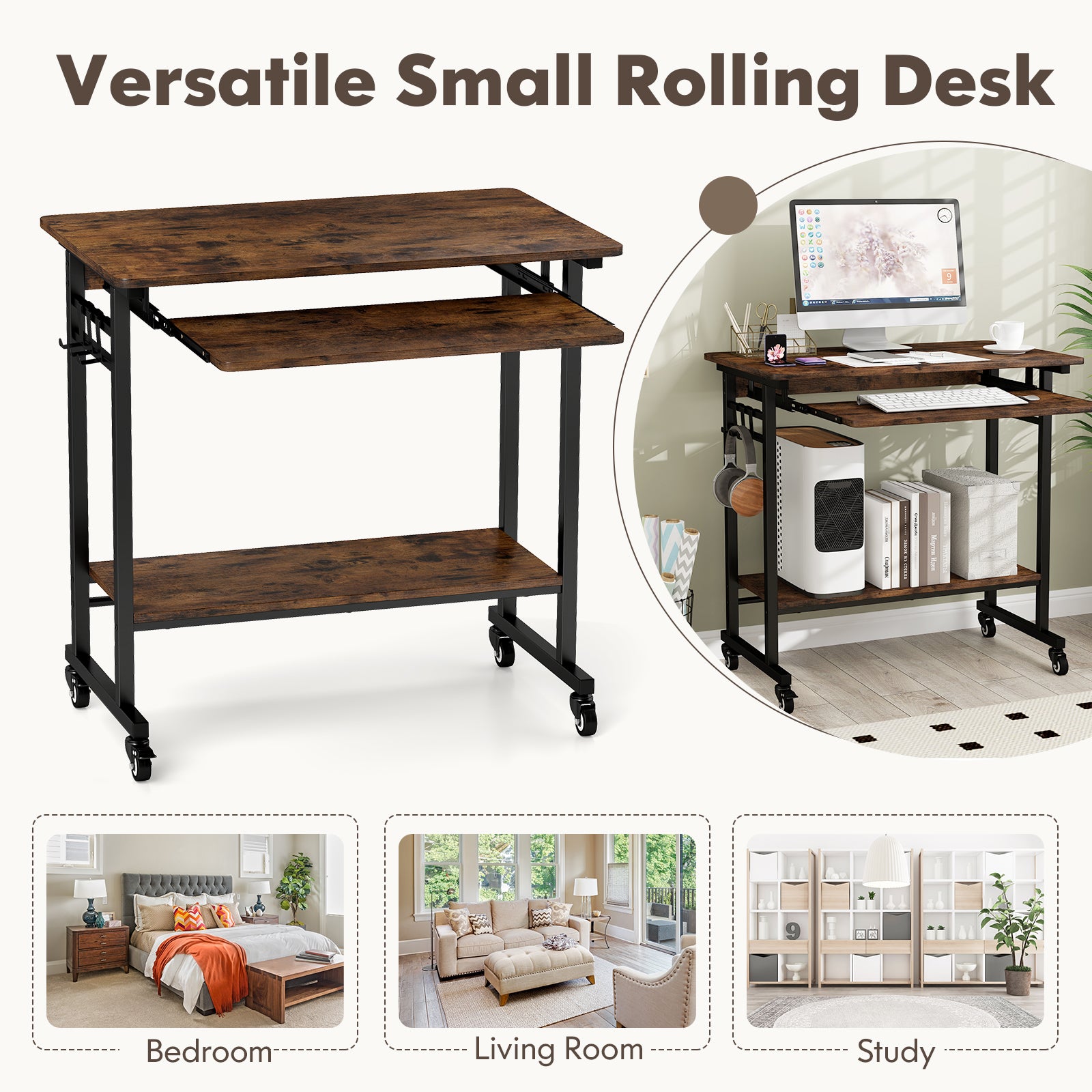Rolling Laptop Table with Pull-out Keyboard Tray and Hooks-Rustic Brown