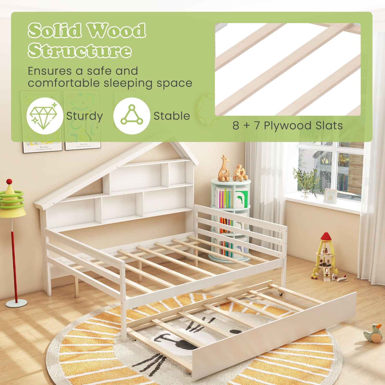 House-Shaped Full Size Daybed with Twin Size Trundle-White