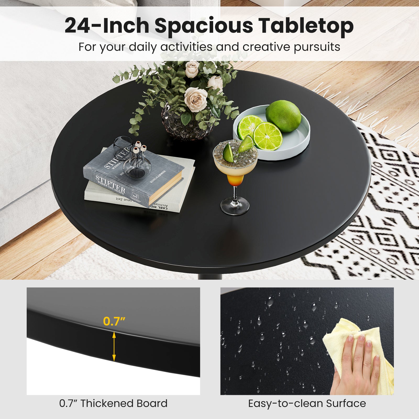 24 Inch Modern Style Round Cocktail Table with Metal Base and MDF Top-1 piece
