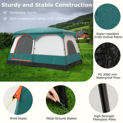 6-8 Person Camping Tent with Double Rooms and 2 Doors-Green