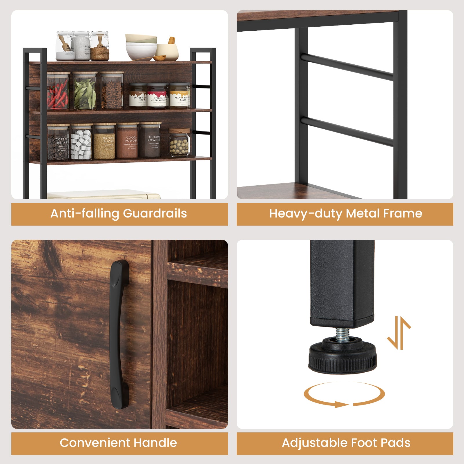 Coffee Bar Cabinet with S-Shaped Hooks and Wine Bottle Holders-Rustic Brown