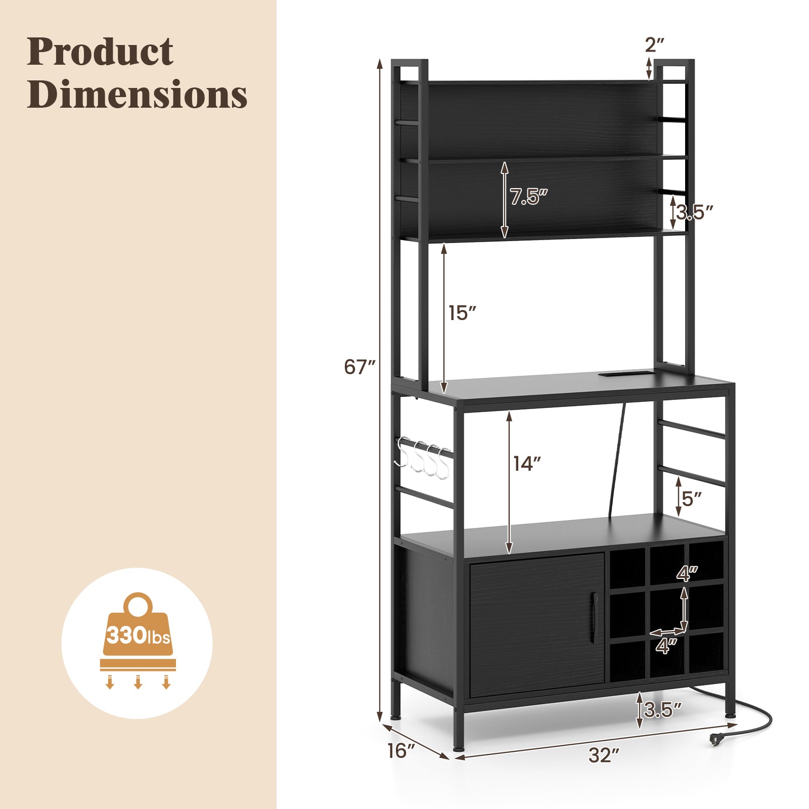 Coffee Bar Cabinet with S-Shaped Hooks and Wine Bottle Holders-Black