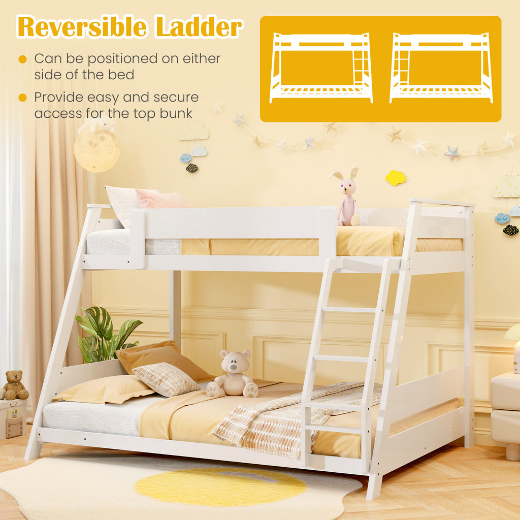 Twin Over Full Low Bunk Bed with Reversible Ladder-White