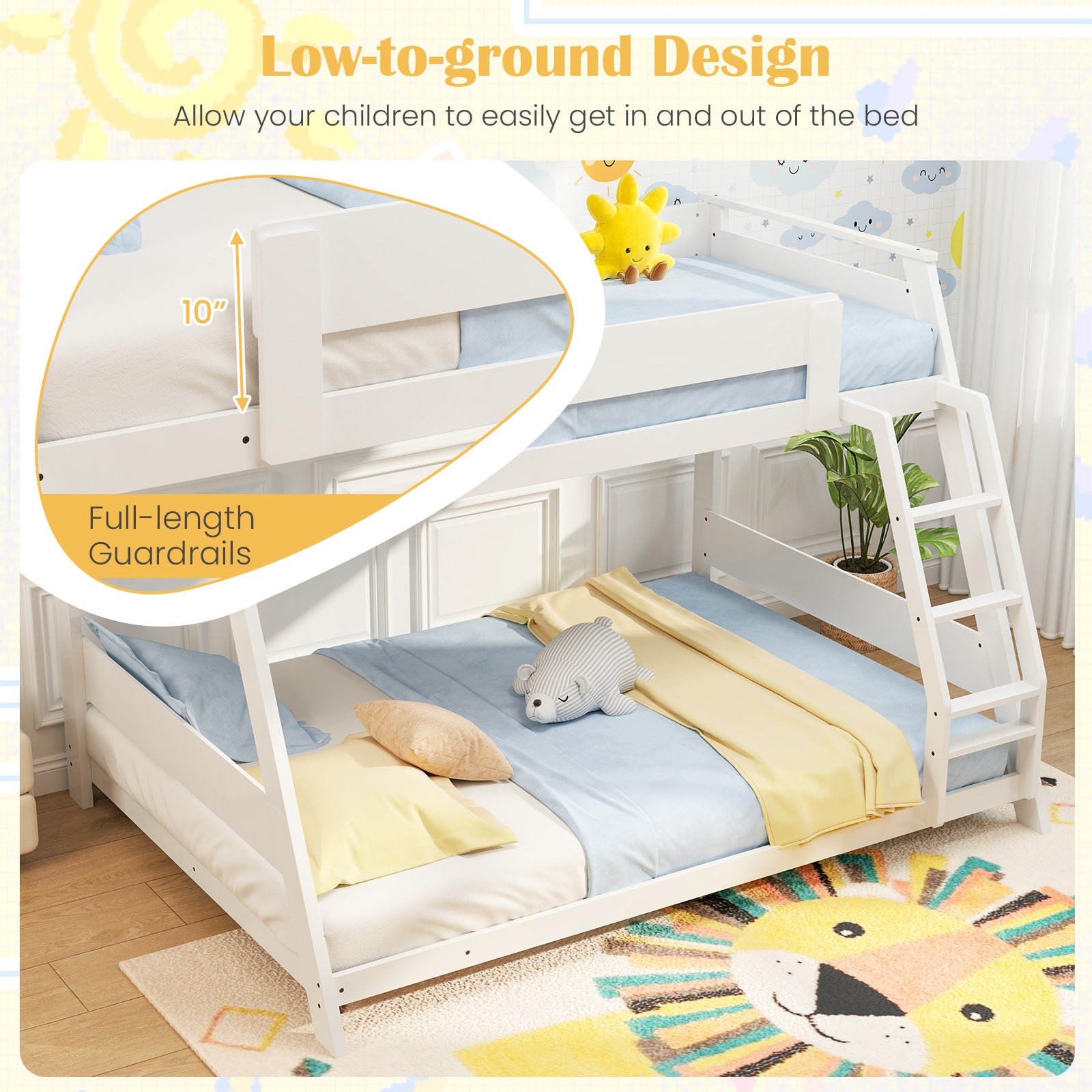 Twin Over Full Low Bunk Bed with Reversible Ladder-White