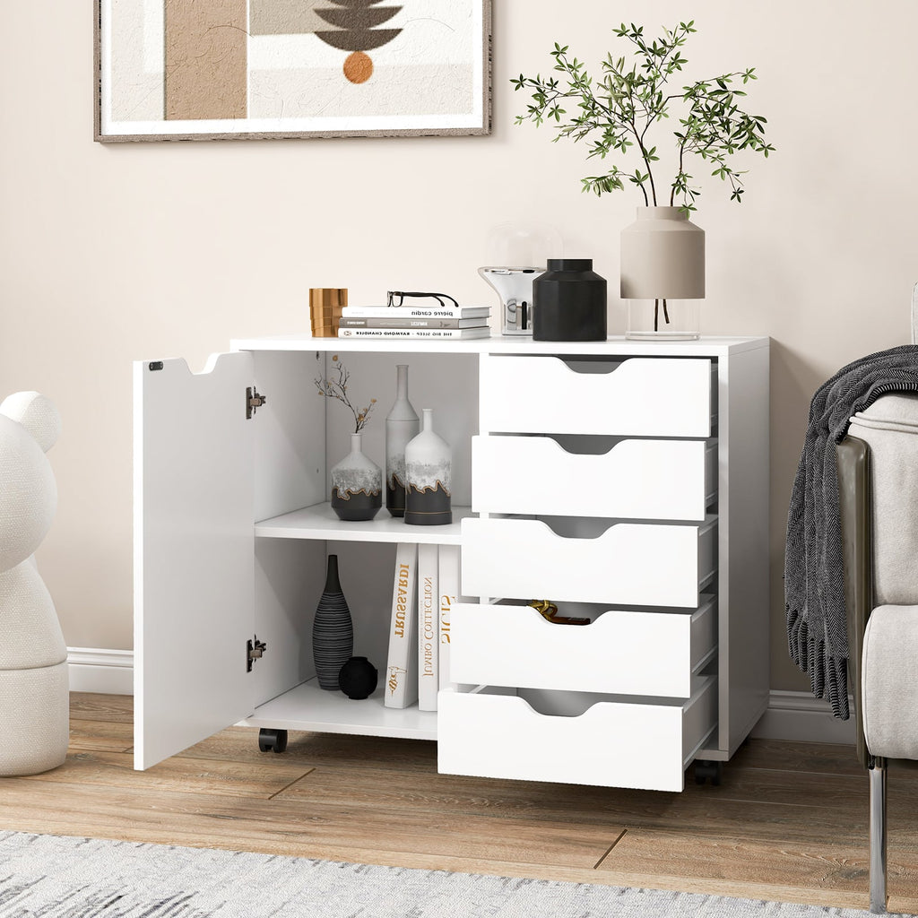 5-Drawer Dresser Chest Mobile Storage Cabinet with Door-White
