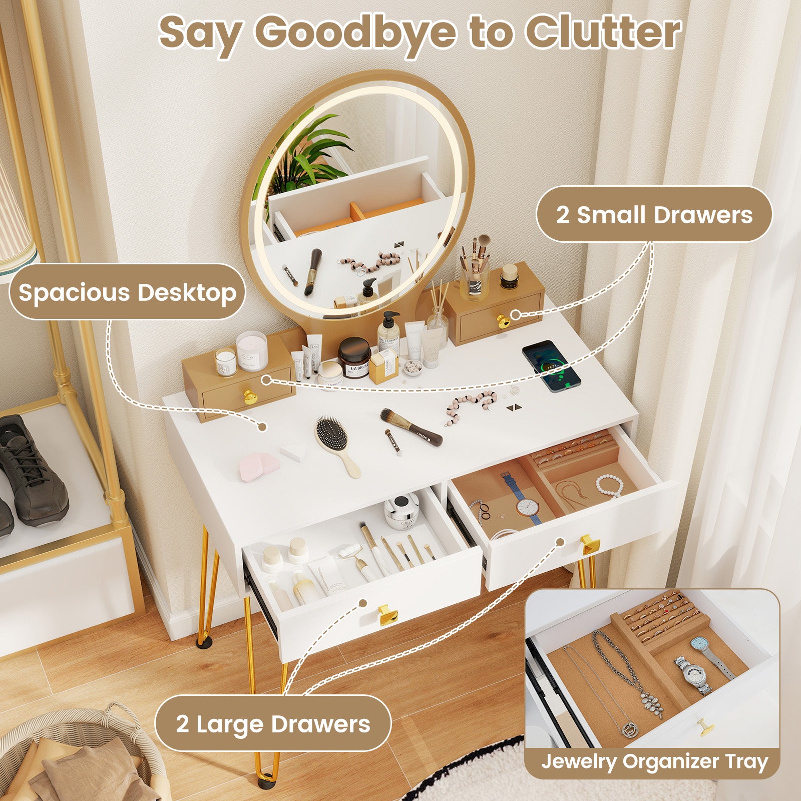 Vanity Table Set with 3-Color Lighted Dimmable Mirror-White