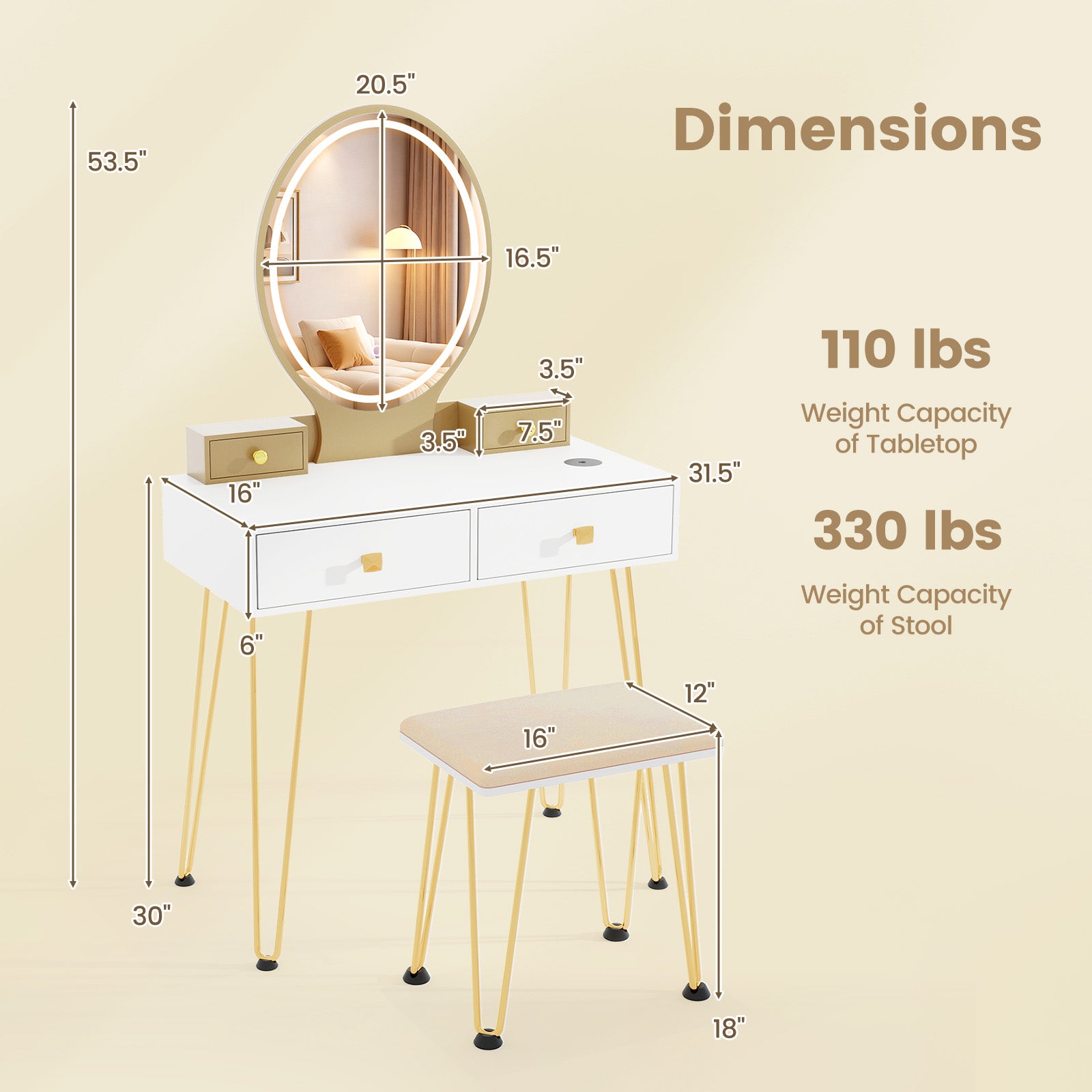 Vanity Table Set with 3-Color Lighted Dimmable Mirror-White