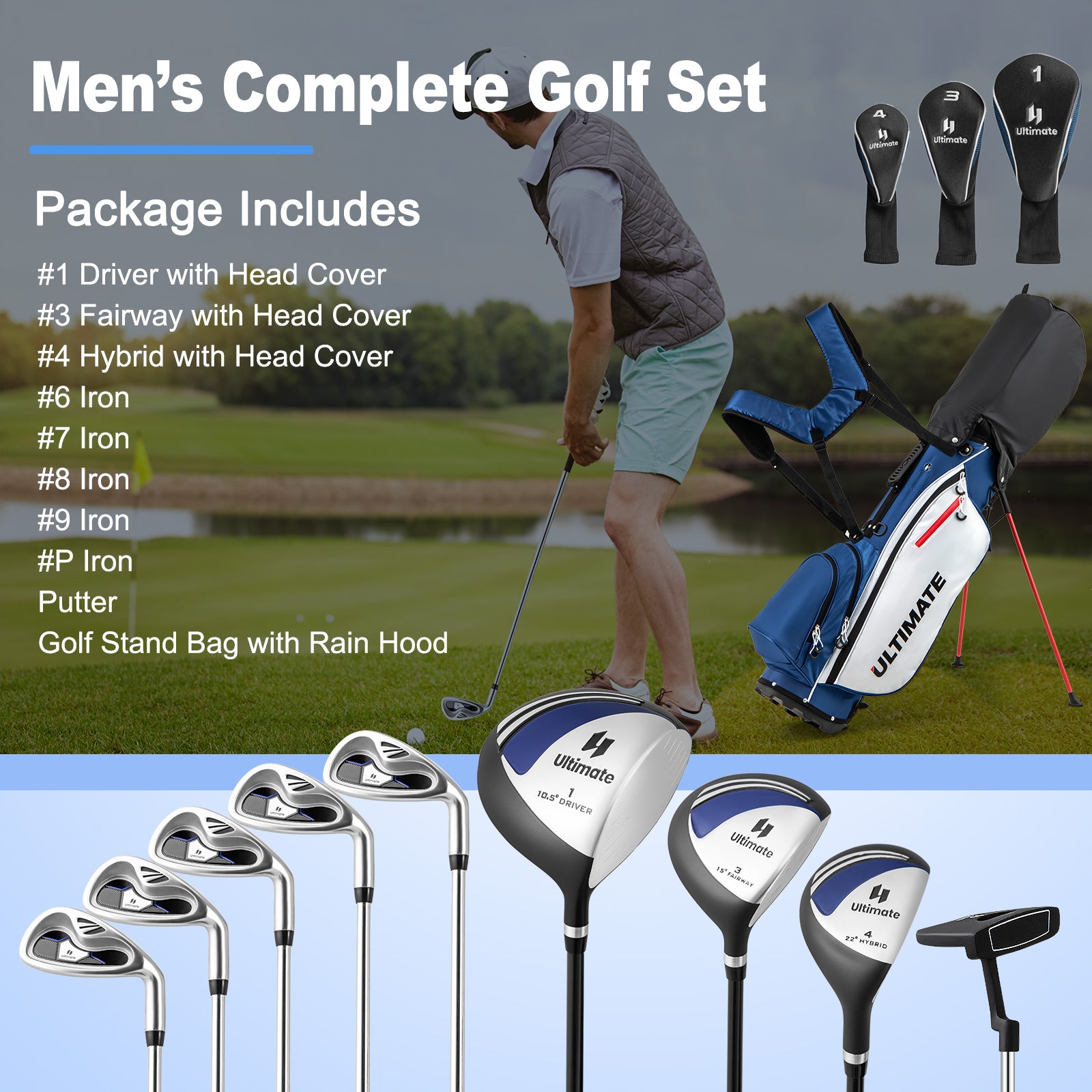 Men€™s Profile Complete Golf Club Package Set Includes 10 Pieces-Blue