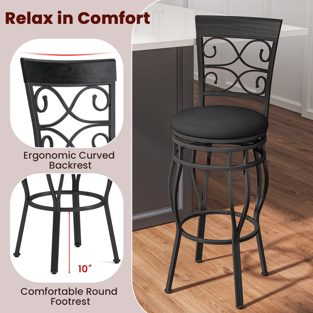 Set of 2 30 Inch Bar Stool with Backrest and Footrest-Black