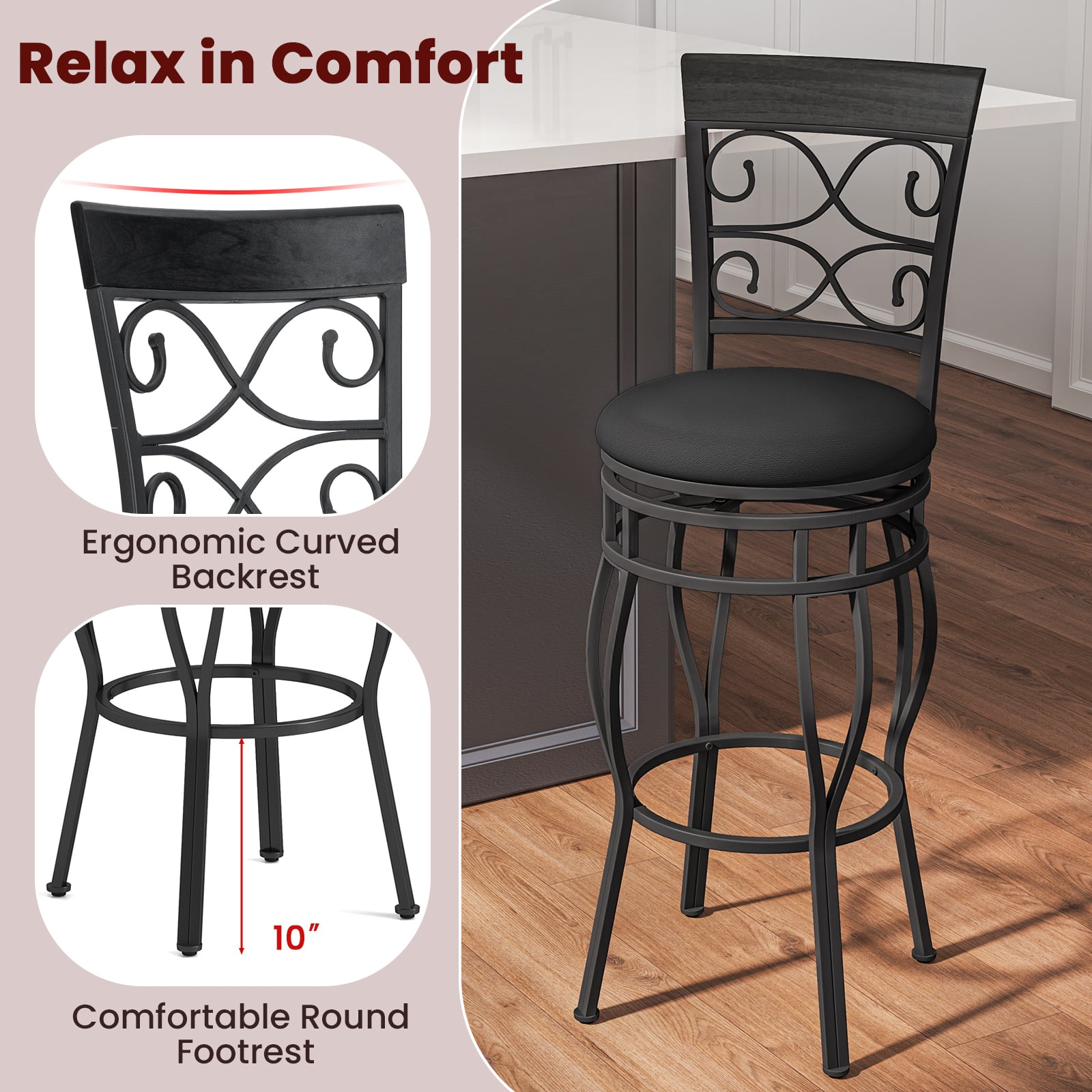 Set of 2 30 Inch Bar Stool with Backrest and Footrest-Black