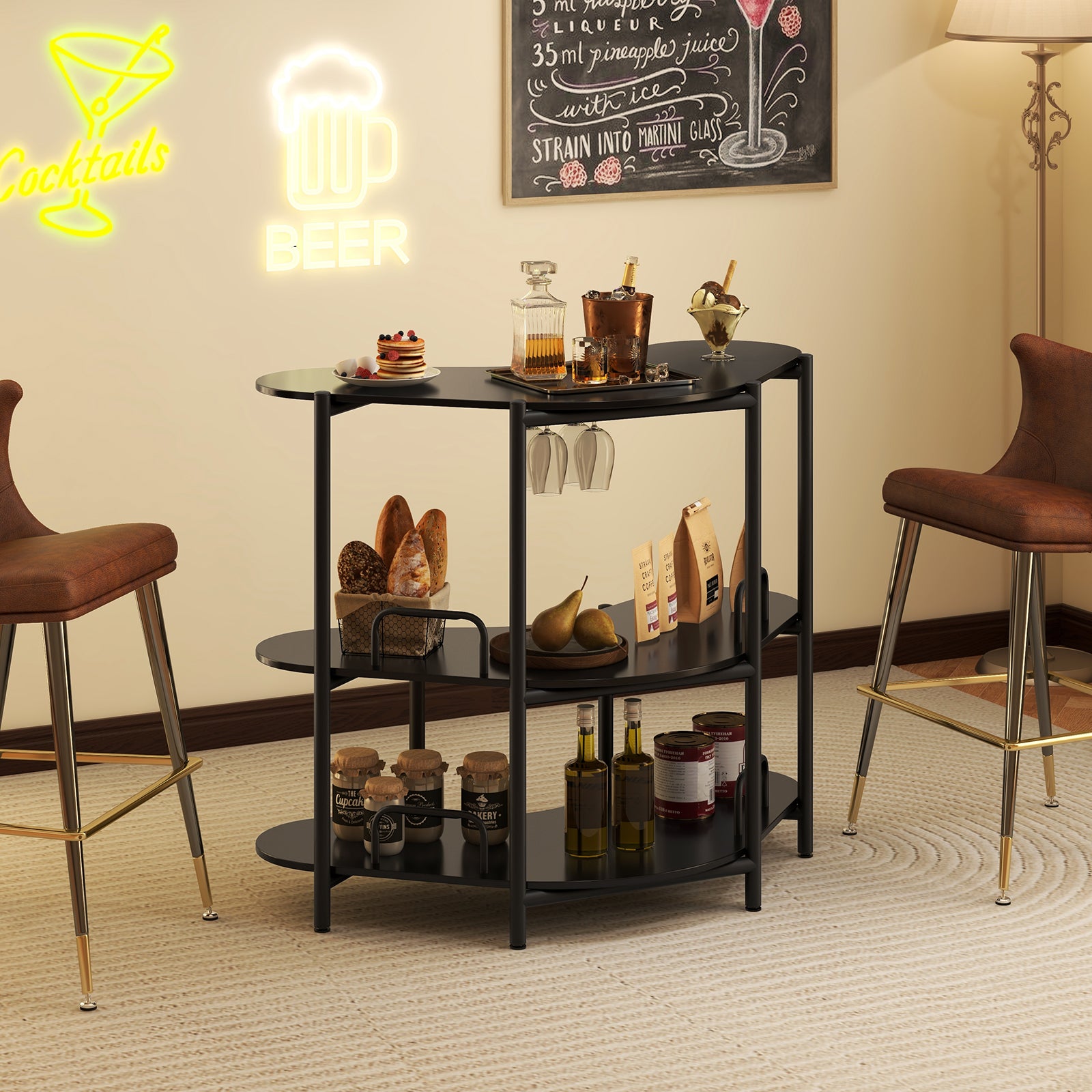 3-Tier Liquor Bar Table with Stemware Racks and Storage Shelves-Black