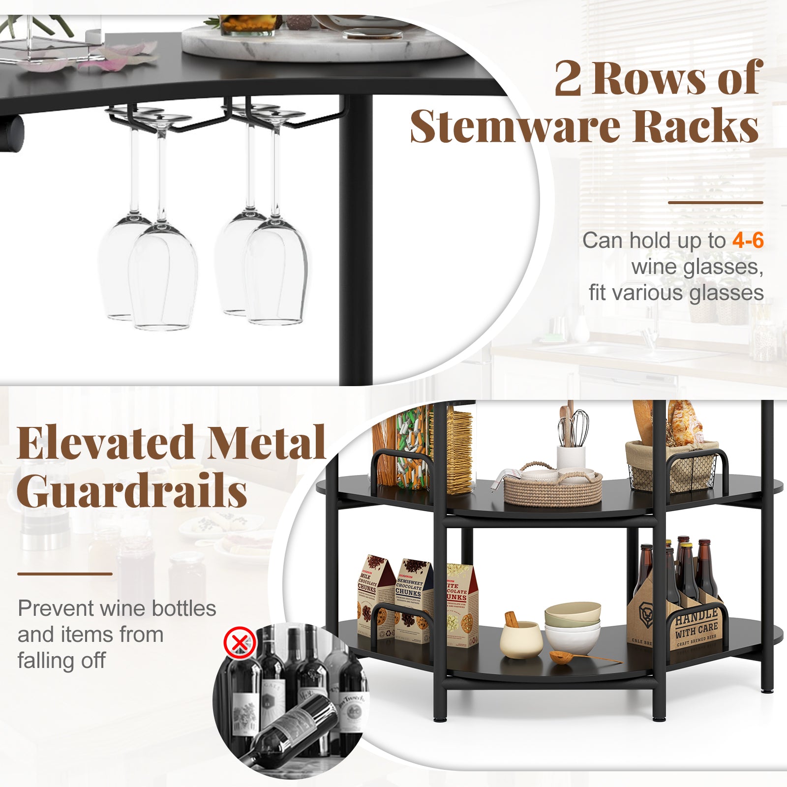 3-Tier Liquor Bar Table with Stemware Racks and Storage Shelves-Black