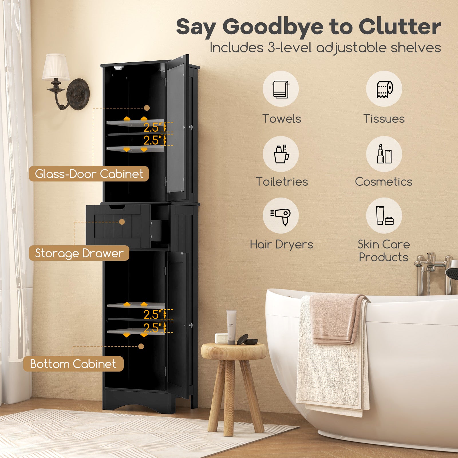 Tall Floor Storage Cabinet with 2 Doors and 1 Drawer for Bathroom-Black