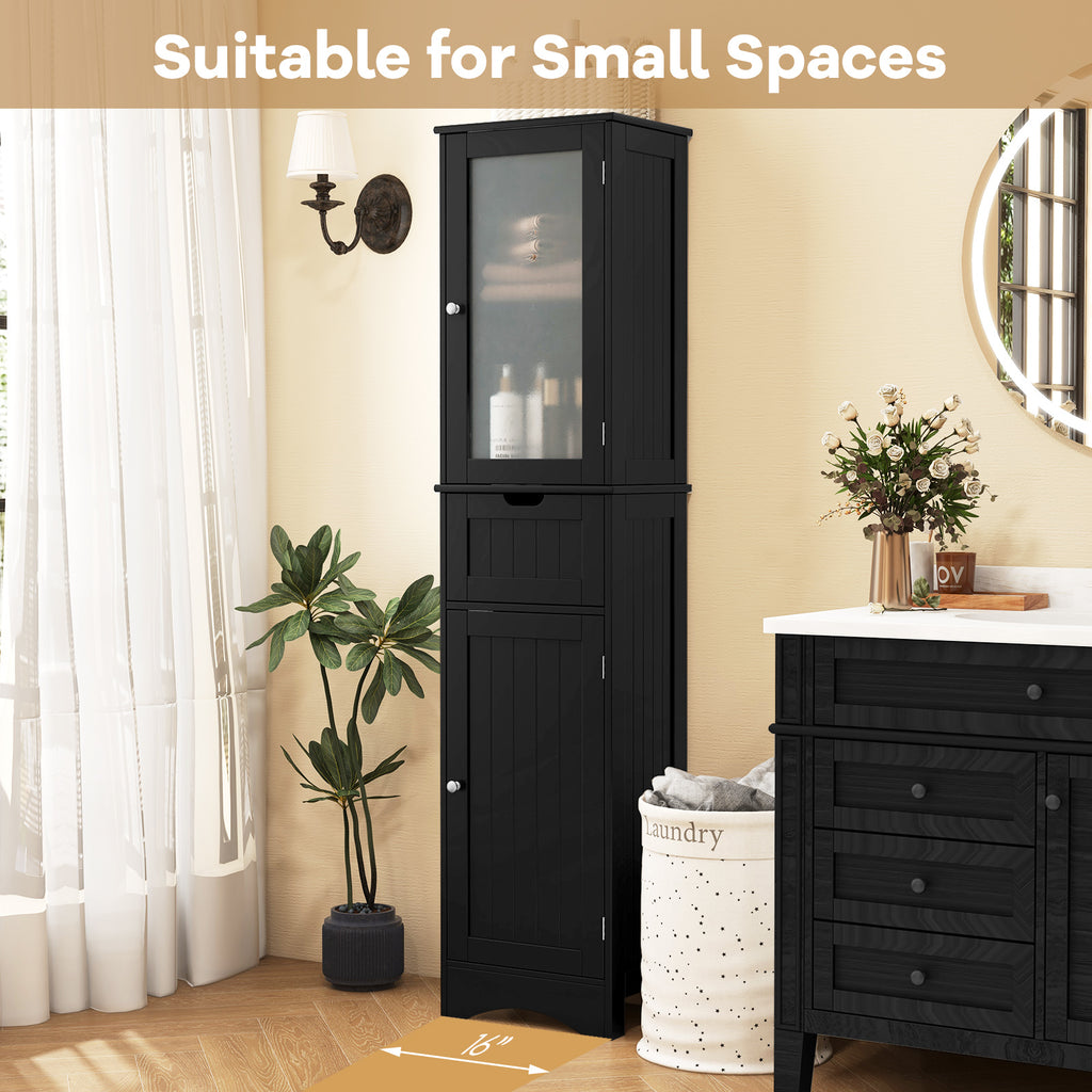 Tall Floor Storage Cabinet with 2 Doors and 1 Drawer for Bathroom-Black