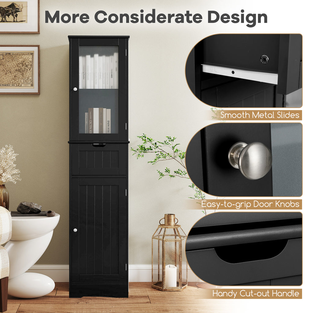 Tall Floor Storage Cabinet with 2 Doors and 1 Drawer for Bathroom-Black