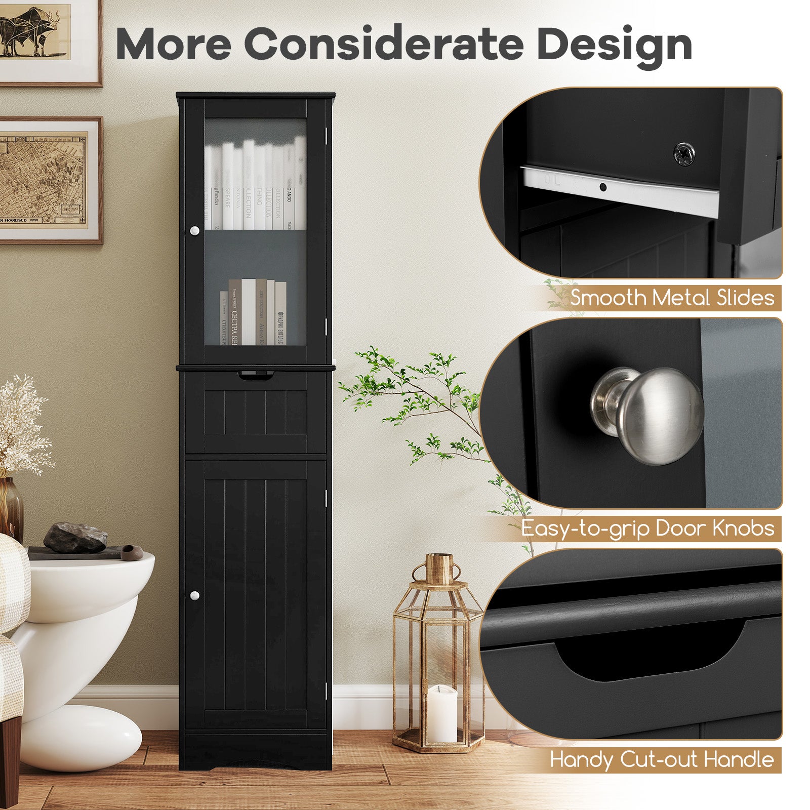 Tall Floor Storage Cabinet with 2 Doors and 1 Drawer for Bathroom-Black