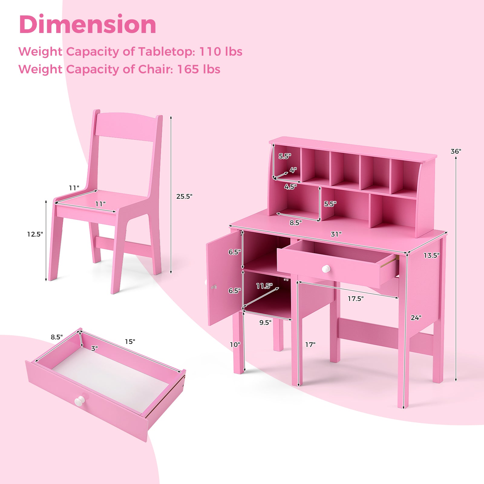 Kids Study Desk and Chair Set with Chair Hutch and Storage Cabinet for 3+ Years Old-Pink