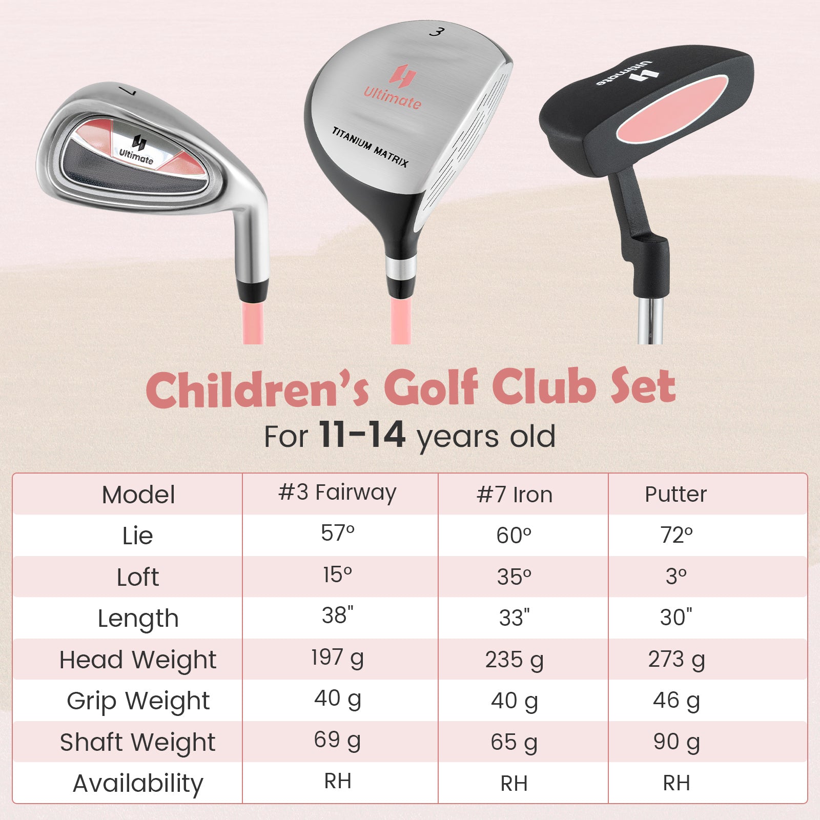 Junior Mallet Putter Individual Gold Club for Kids Ages 11-14-Pink