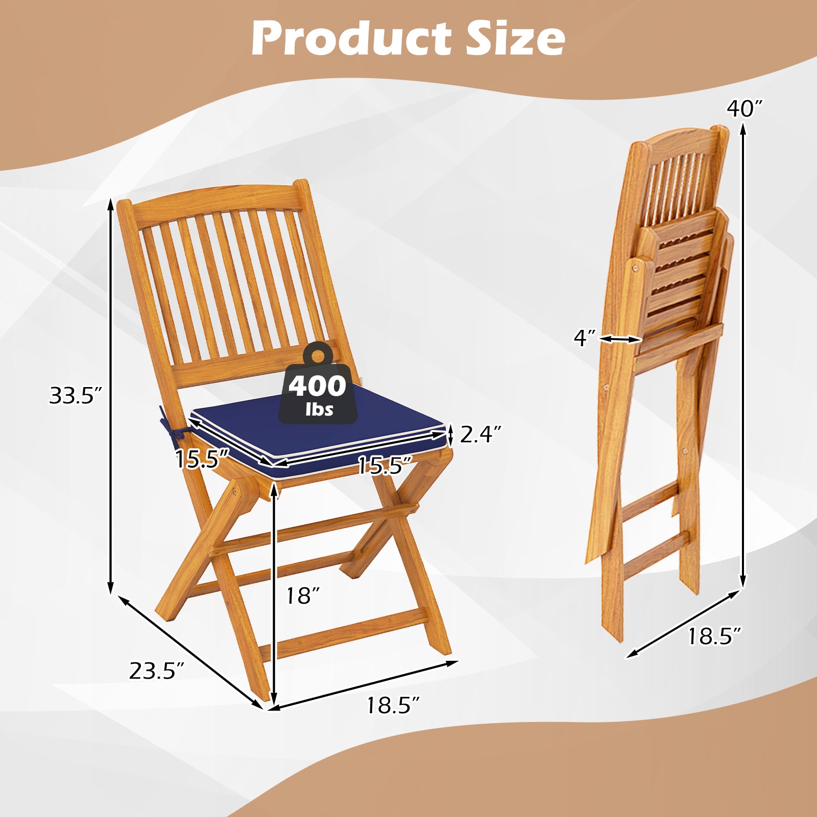 Chaises pliantes d'extérieur avec coussins d'assise, lot de 2 - Bleu marine