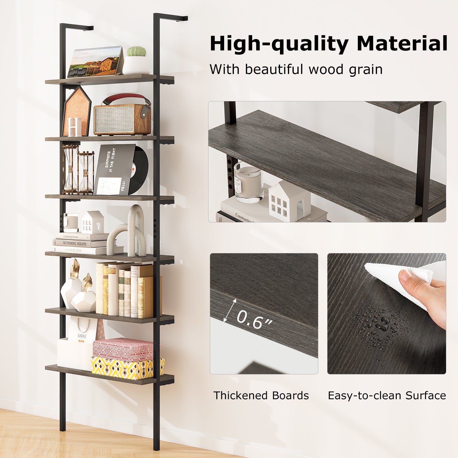 6-tier Ladder Shelf 72 Inches Industrial Wall Mounted Bookshelf-Oak