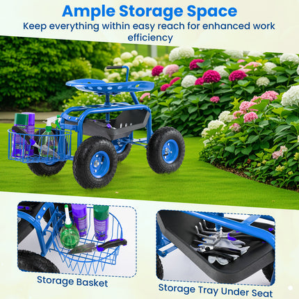 Extendable Handle Garden Cart Rolling Wagon Scooter-Blue