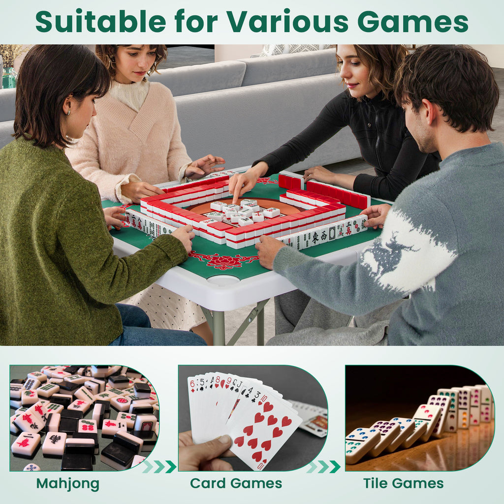 35 Inch 4 Player Game Card Folding Mahjong Table with Cup Holders-Light Green