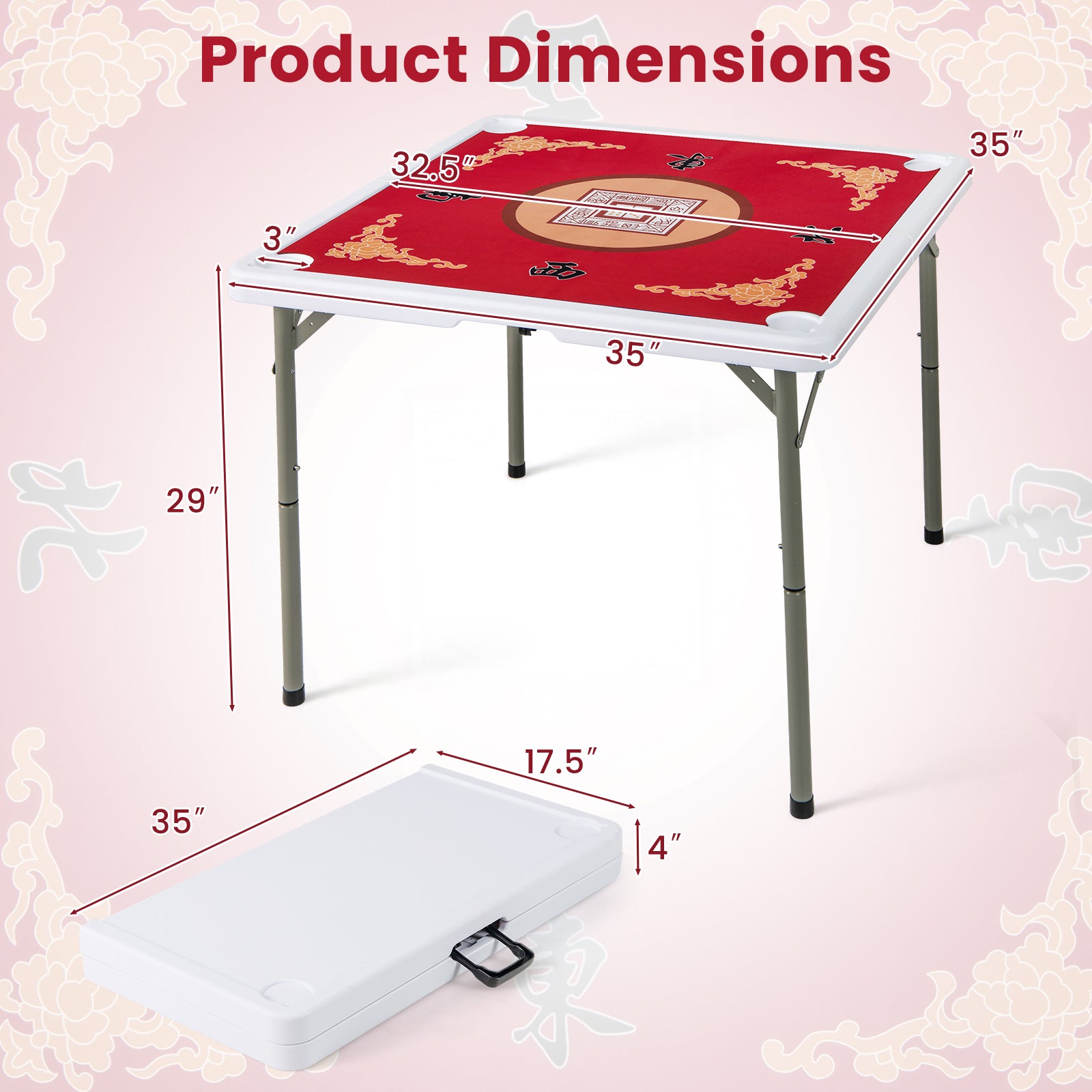 35 Inch 4 Player Game Card Folding Mahjong Table with Cup Holders-Red