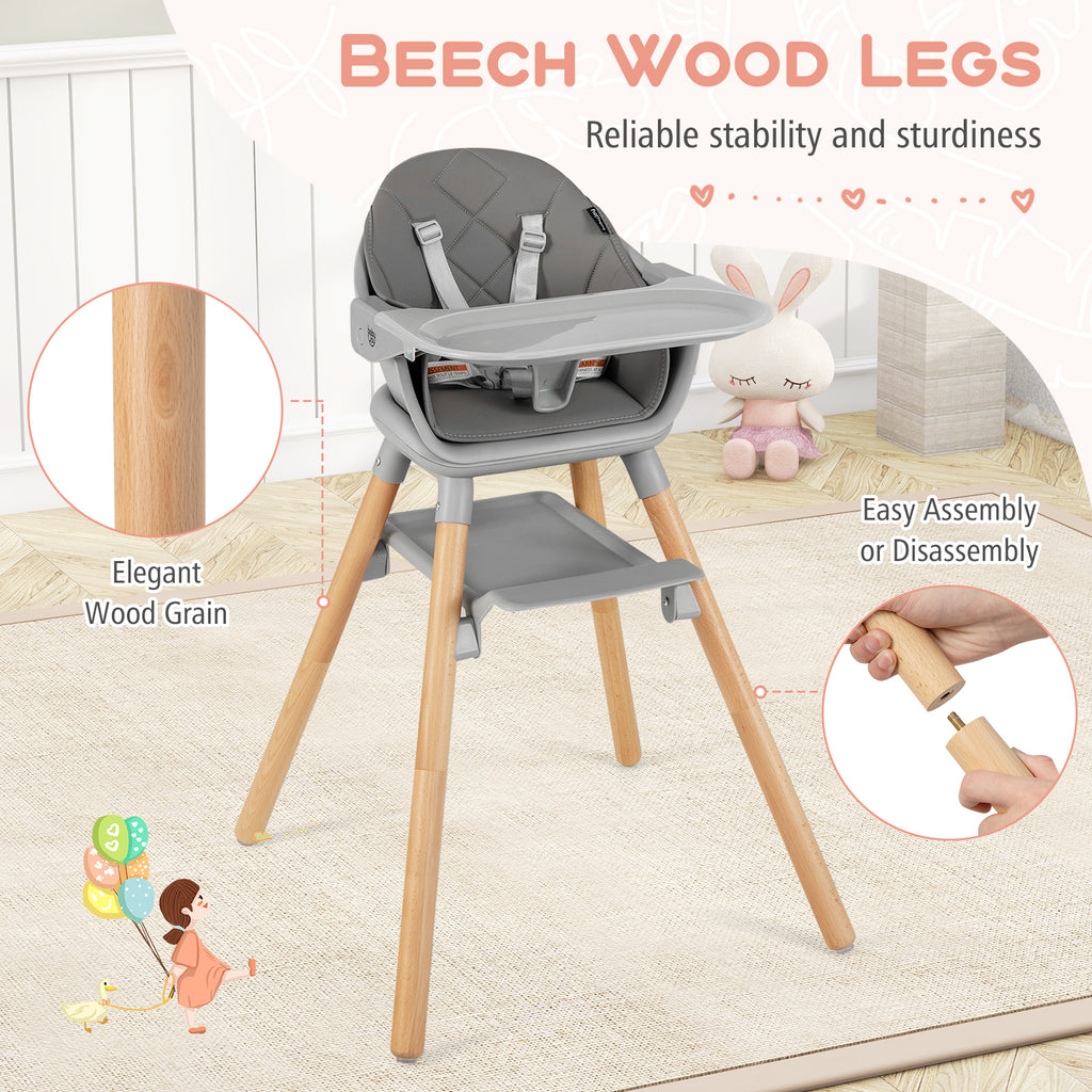 6 in 1 Convertible Highchair with Safety Harness and Removable Tray-Gray
