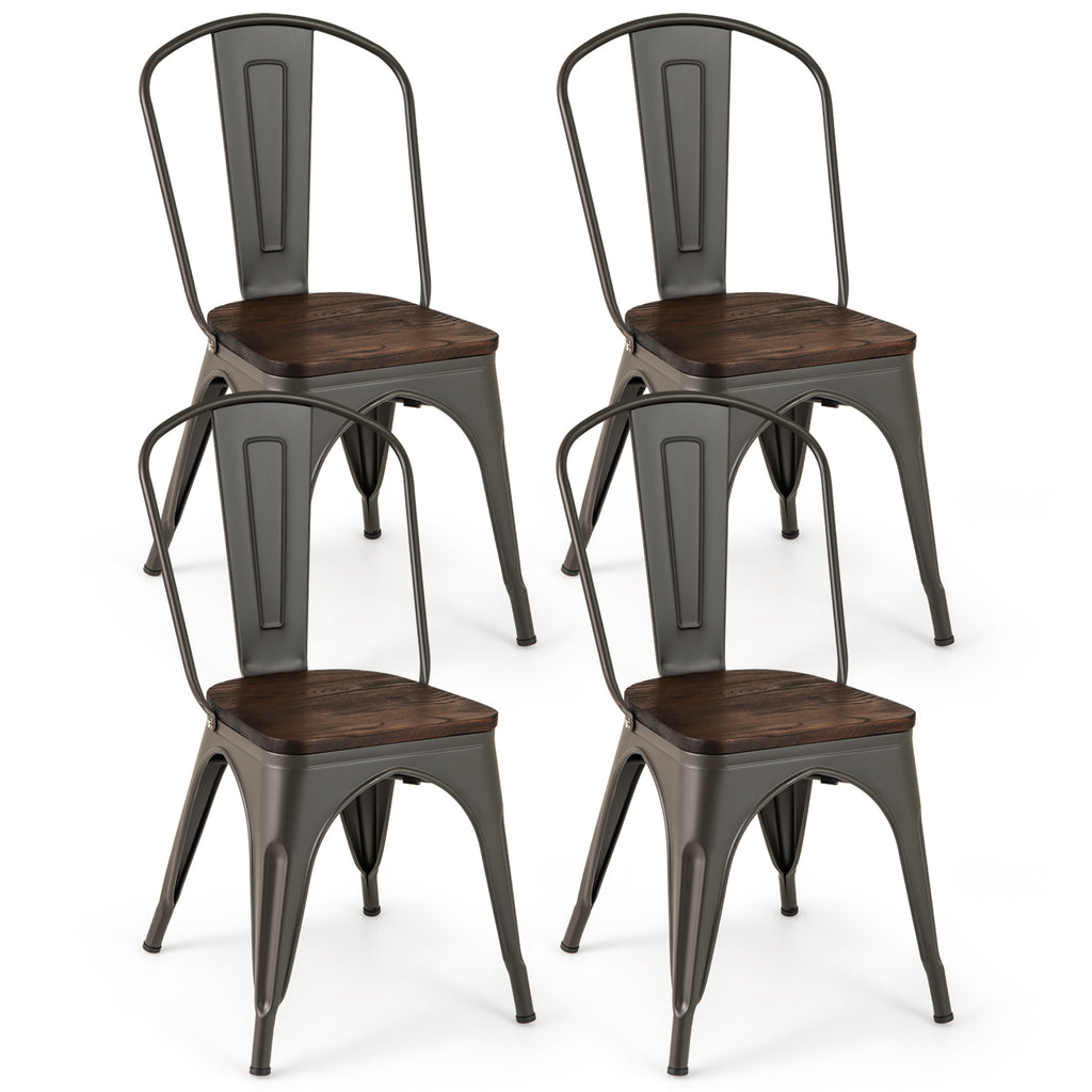 Metal Dining Chairs Set of 4 Tolix Style Stackable Kitchen Chairs with Wood Seat-Gun