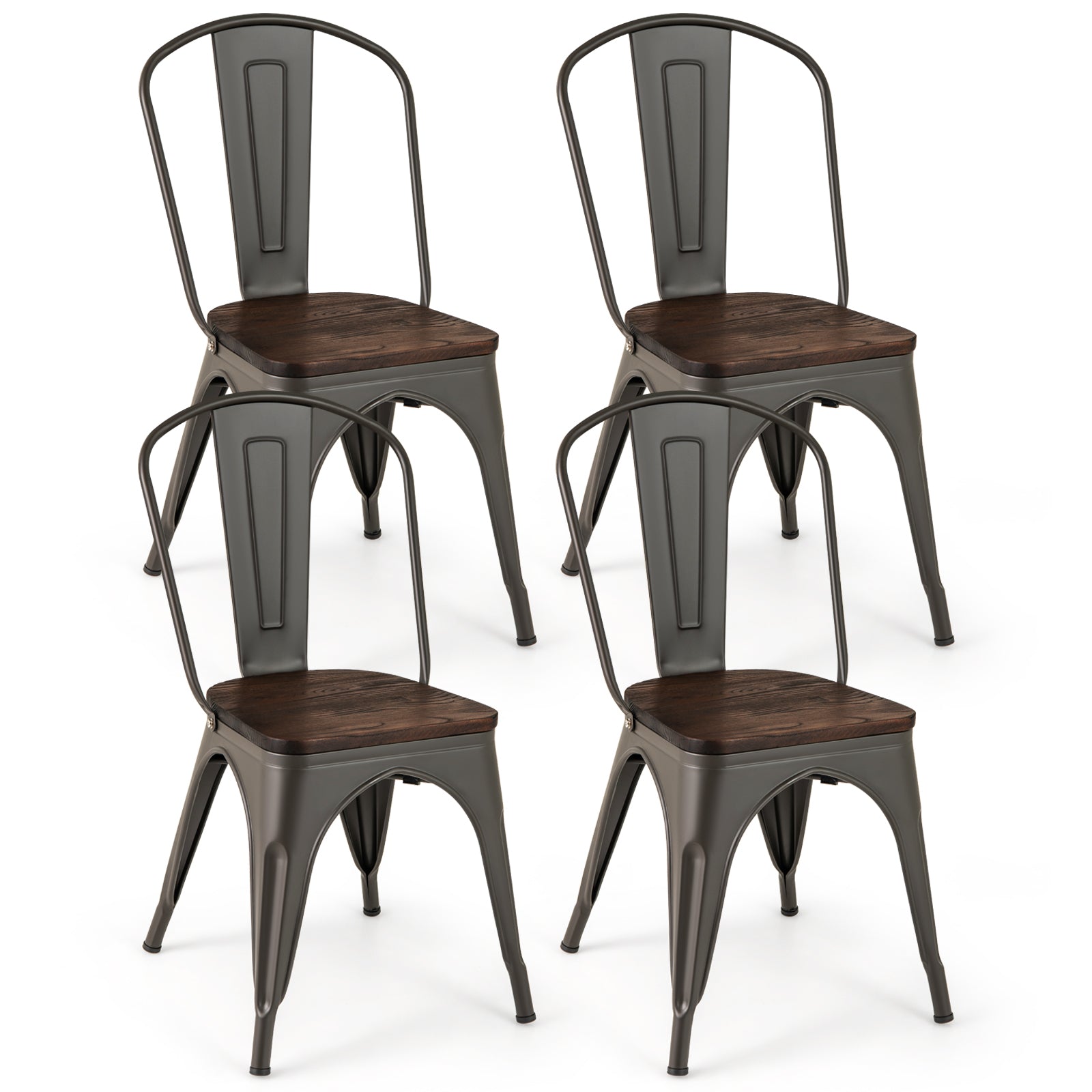 Metal Dining Chairs Set of 4 Tolix Style Stackable Kitchen Chairs with Wood Seat-Gun