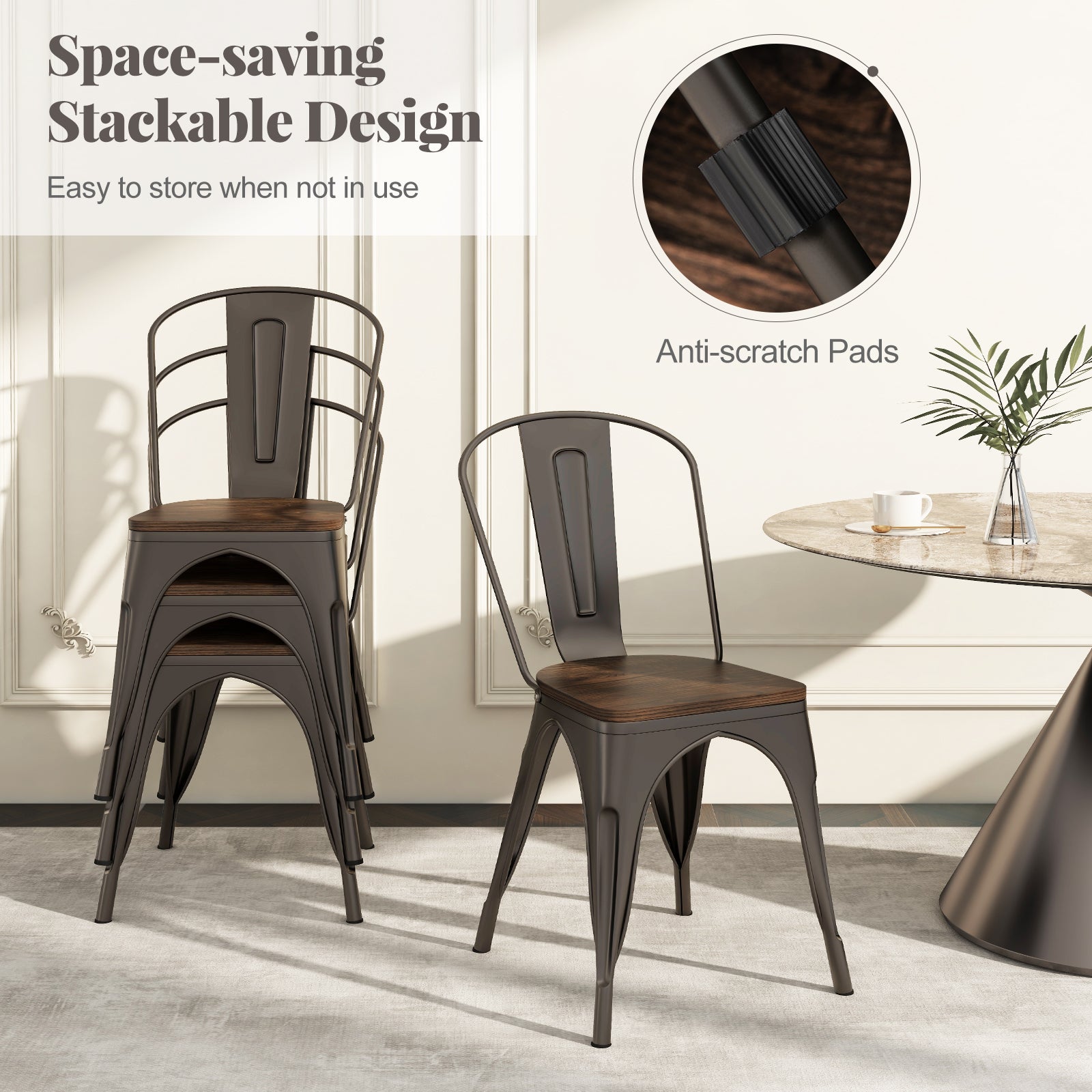 Metal Dining Chairs Set of 4 Tolix Style Stackable Kitchen Chairs with Wood Seat-Gun