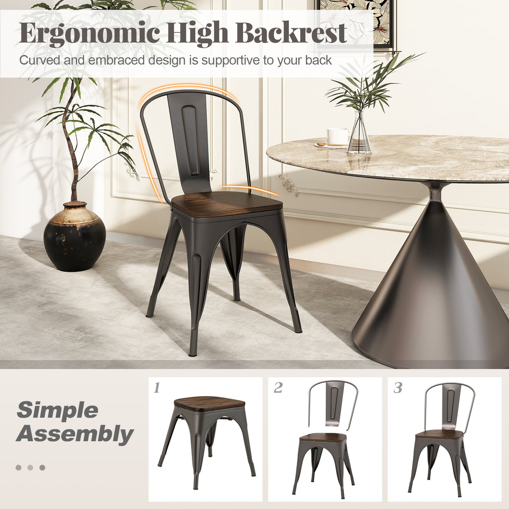Metal Dining Chairs Set of 4 Tolix Style Stackable Kitchen Chairs with Wood Seat-Gun