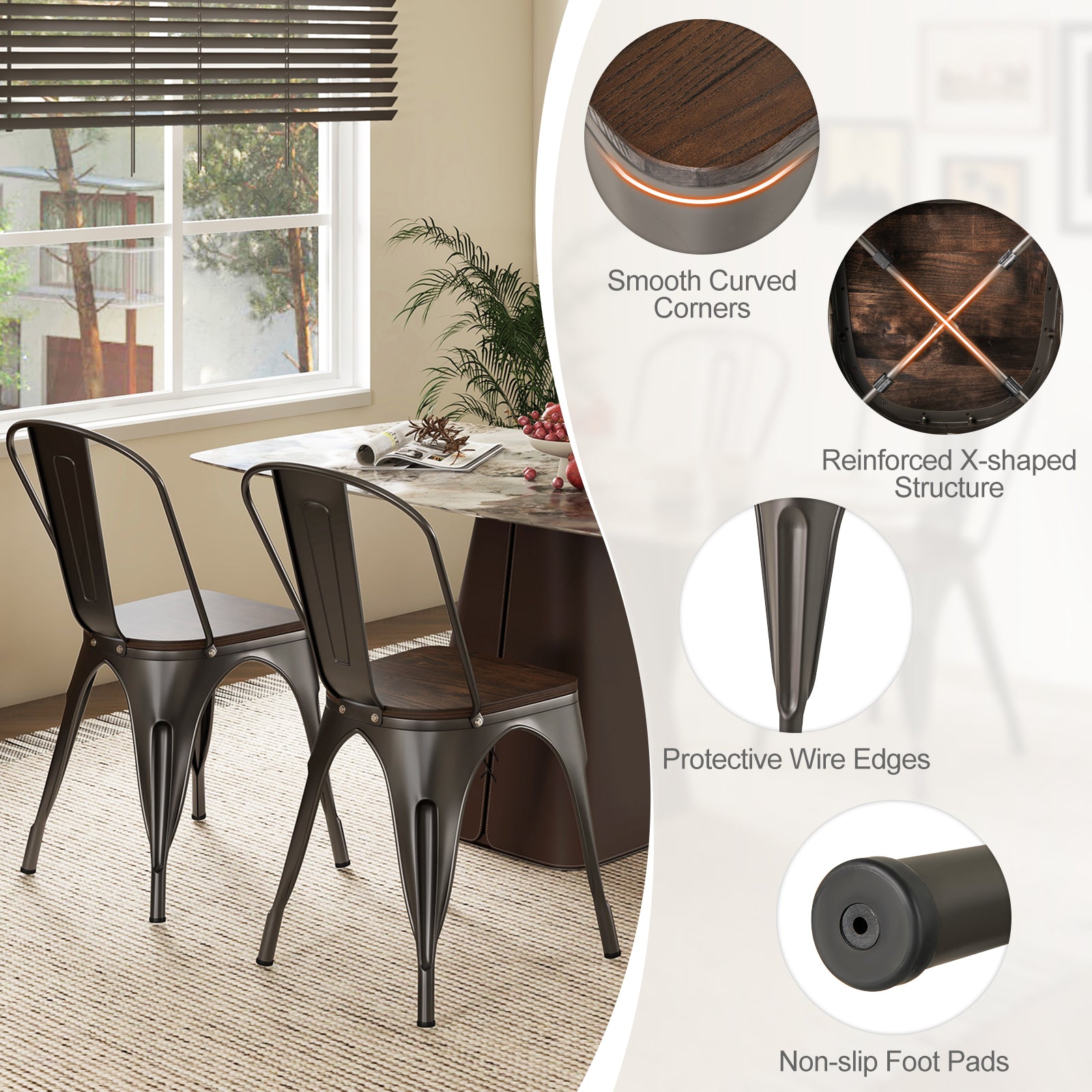 Metal Dining Chairs Set of 4 Tolix Style Stackable Kitchen Chairs with Wood Seat-Gun
