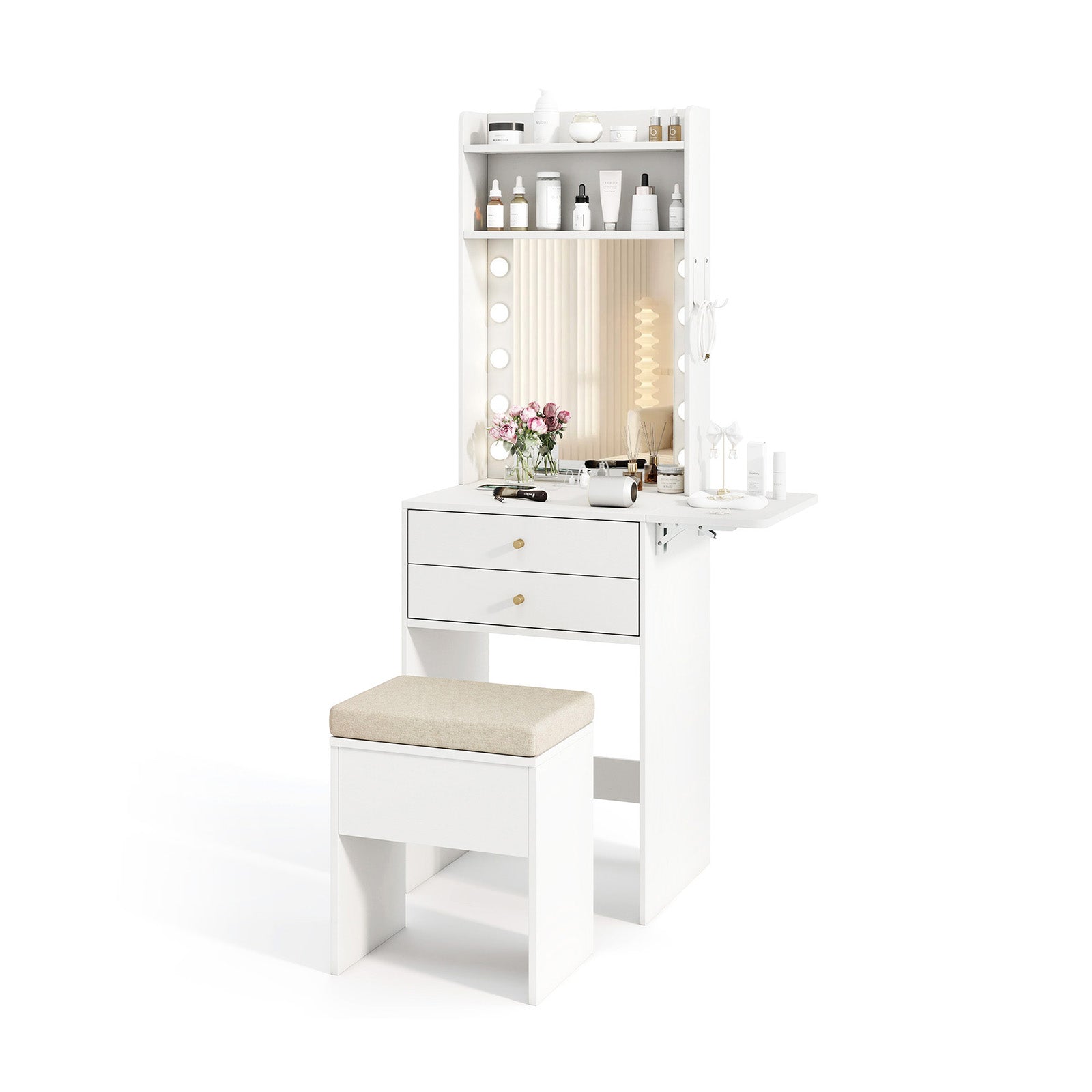 Compact Vanity Desk Set with 3-Color Lighted Mirror and Power Outlets-White