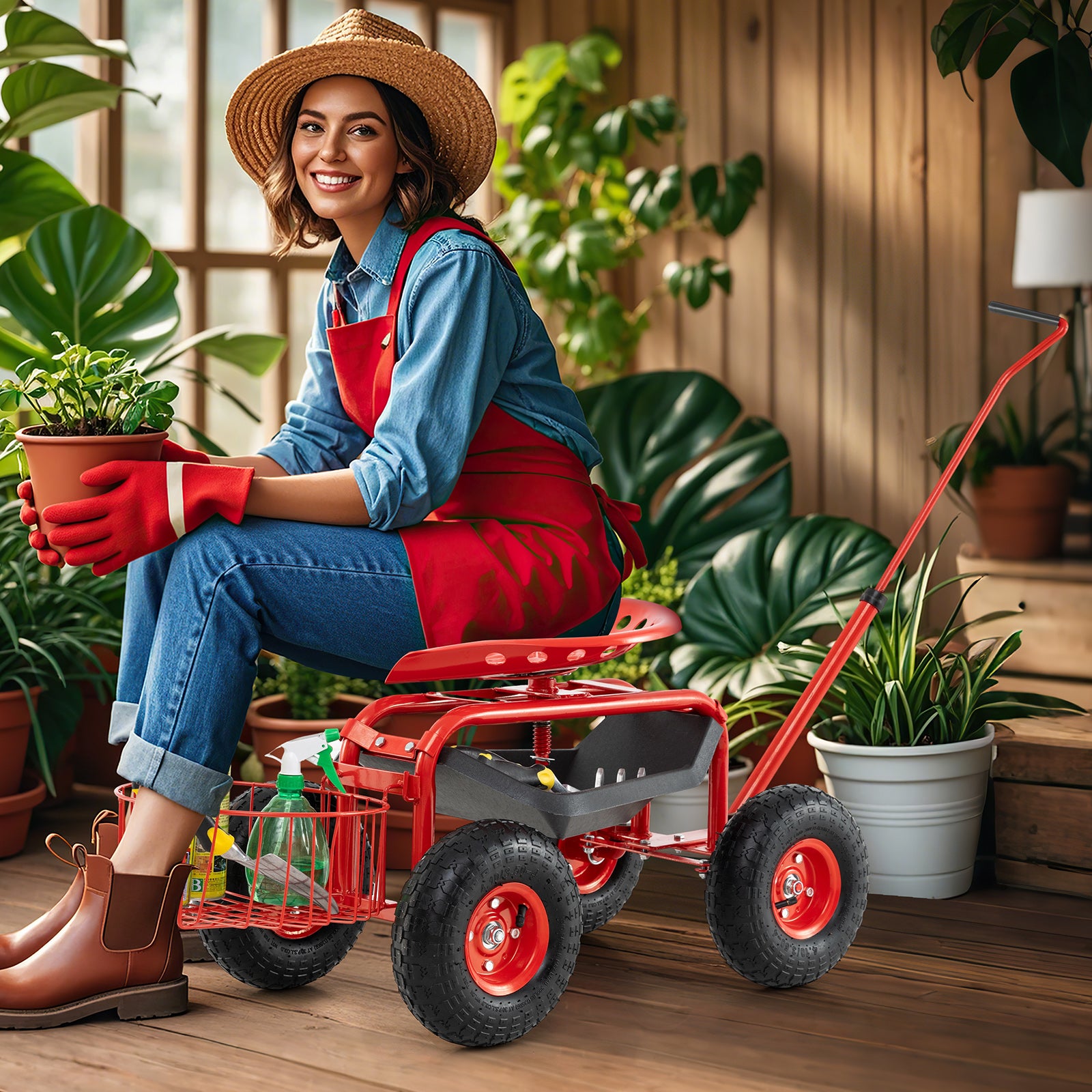 Chariot de jardin rouge à poignée extensible, avec siège/trottinette intégrée