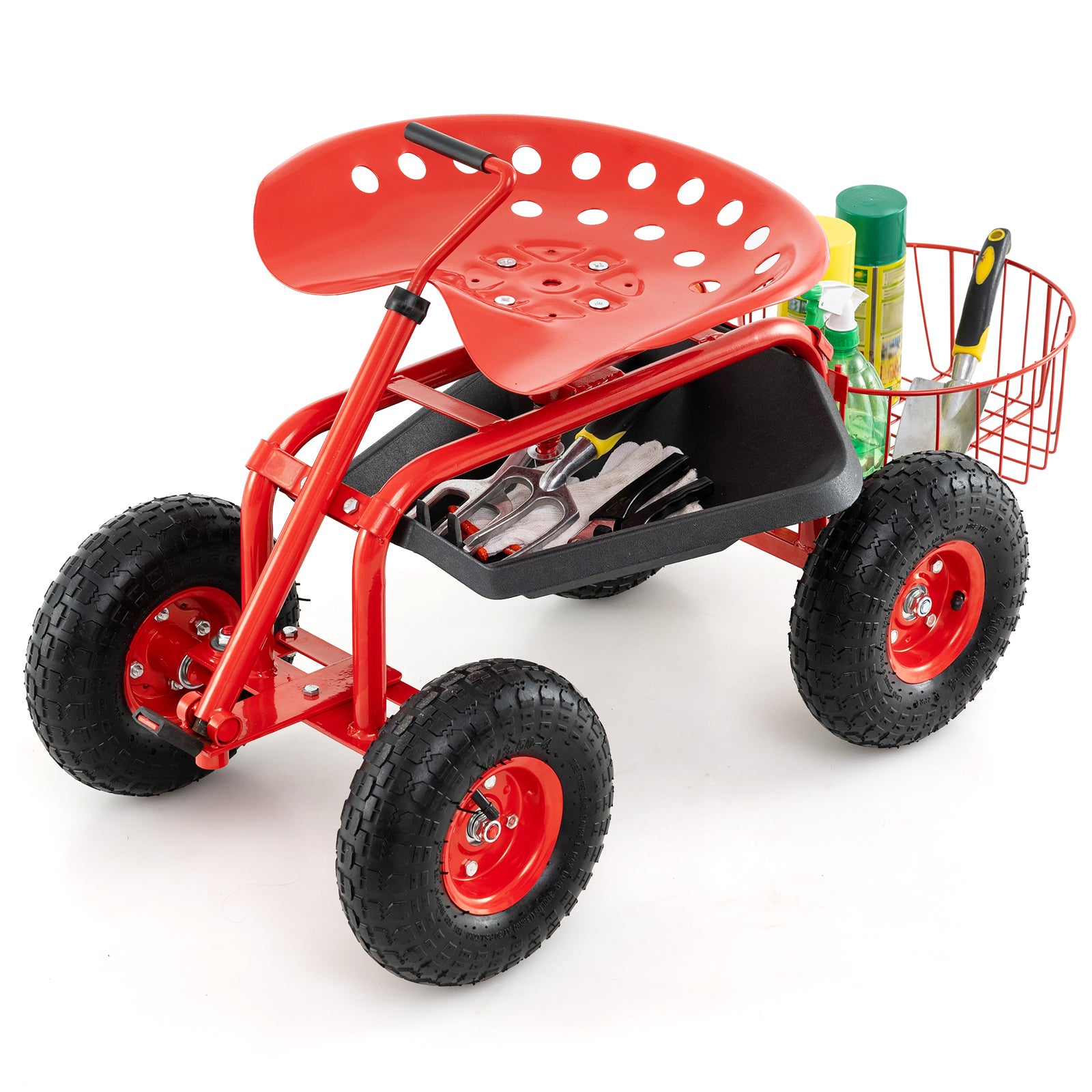 Chariot de jardin rouge à poignée extensible, avec siège/trottinette intégrée