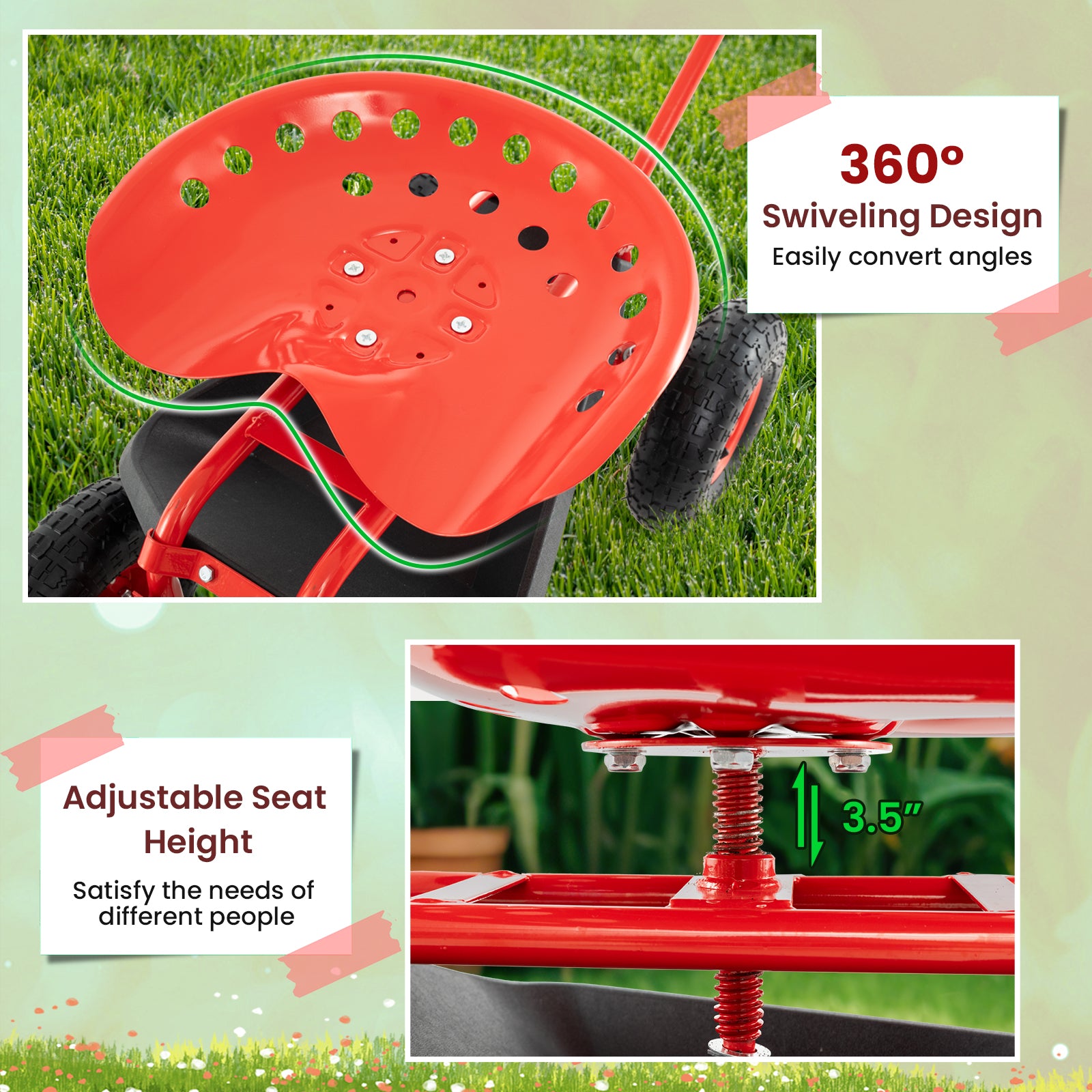 Chariot de jardin rouge à poignée extensible, avec siège/trottinette intégrée