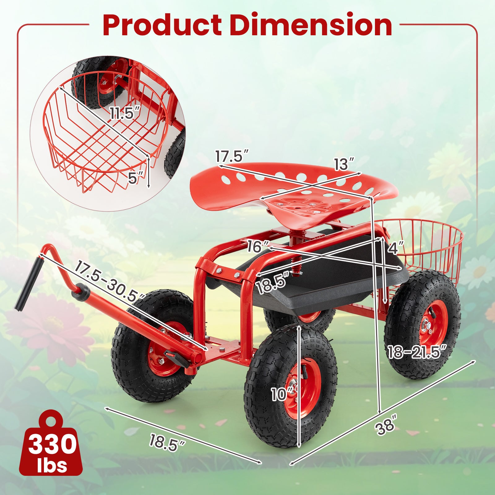 Chariot de jardin rouge à poignée extensible, avec siège/trottinette intégrée
