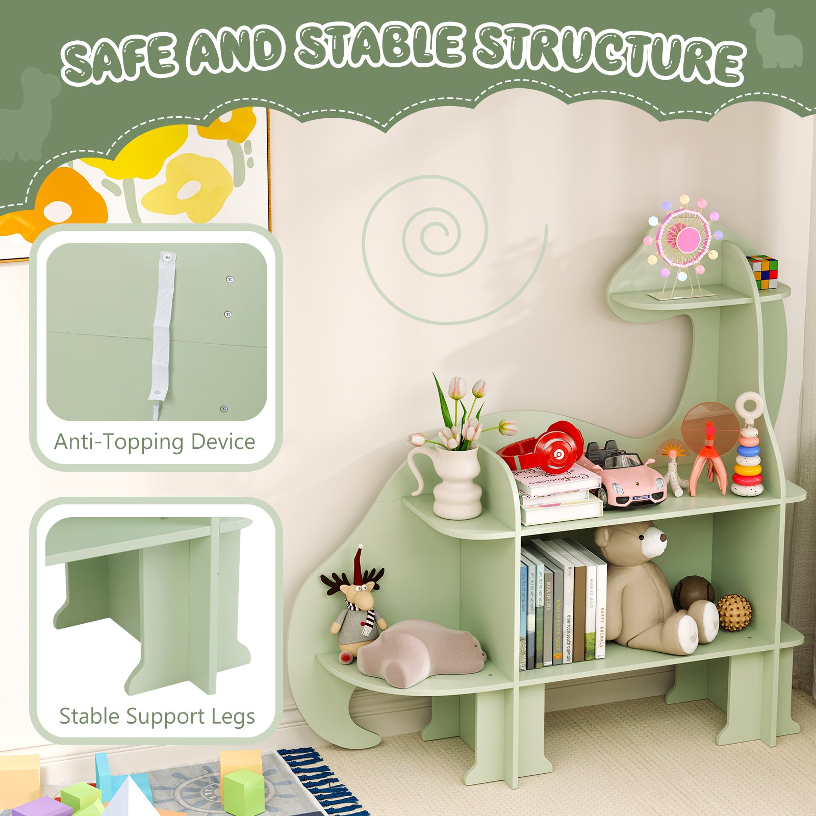 3-Tier Dinosaur Kids Bookshelf for Children-Green