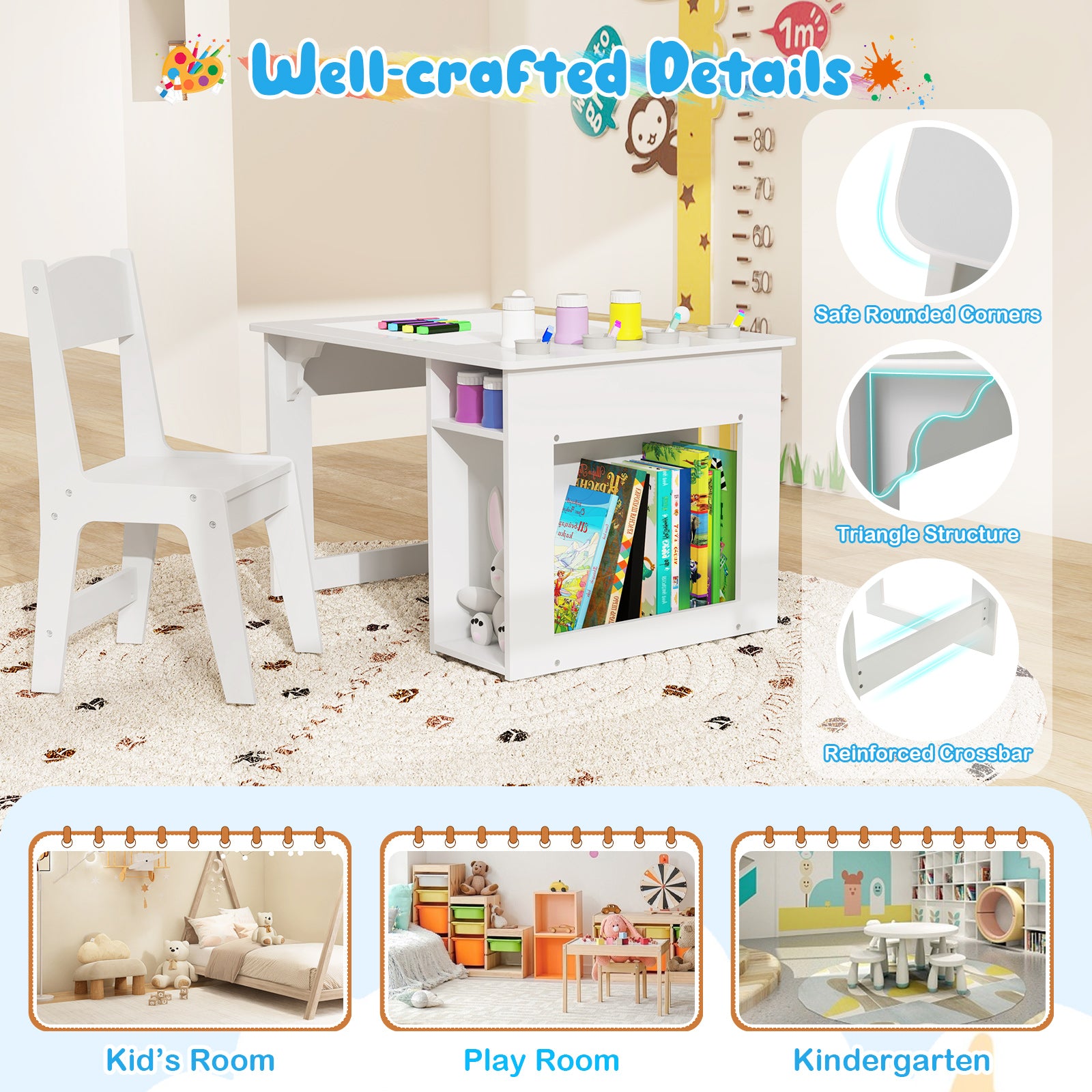 Kids Art Table and Chair Set Toddler Craft Drawing Desk-White