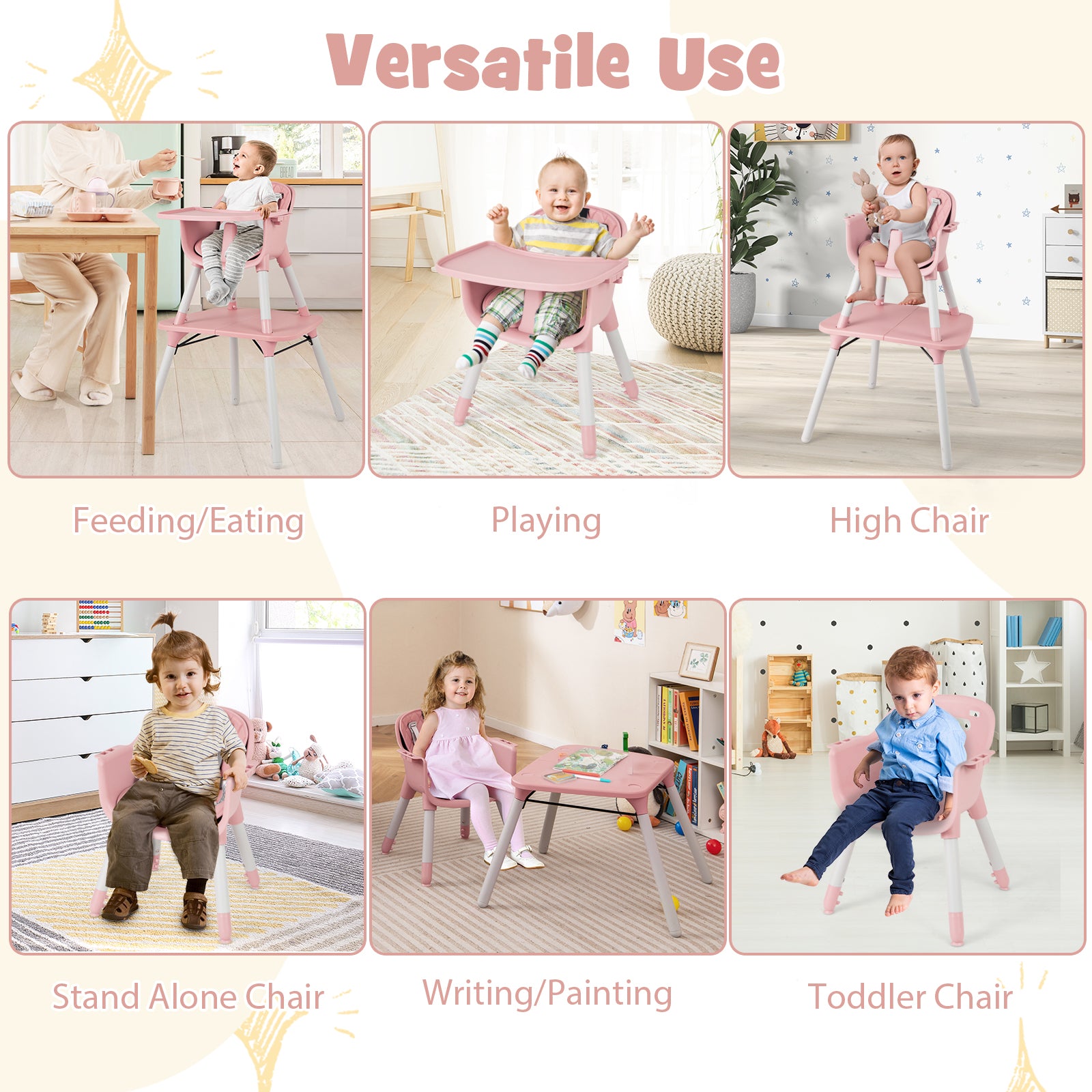 4-in-1 Baby Convertible Toddler Table Chair Set with PU Cushion-Pink
