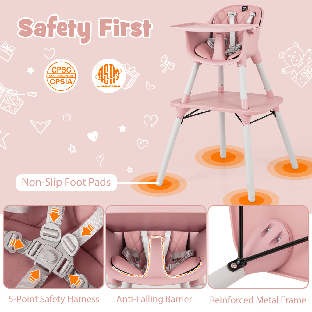 4-in-1 Baby Convertible Toddler Table Chair Set with PU Cushion-Pink
